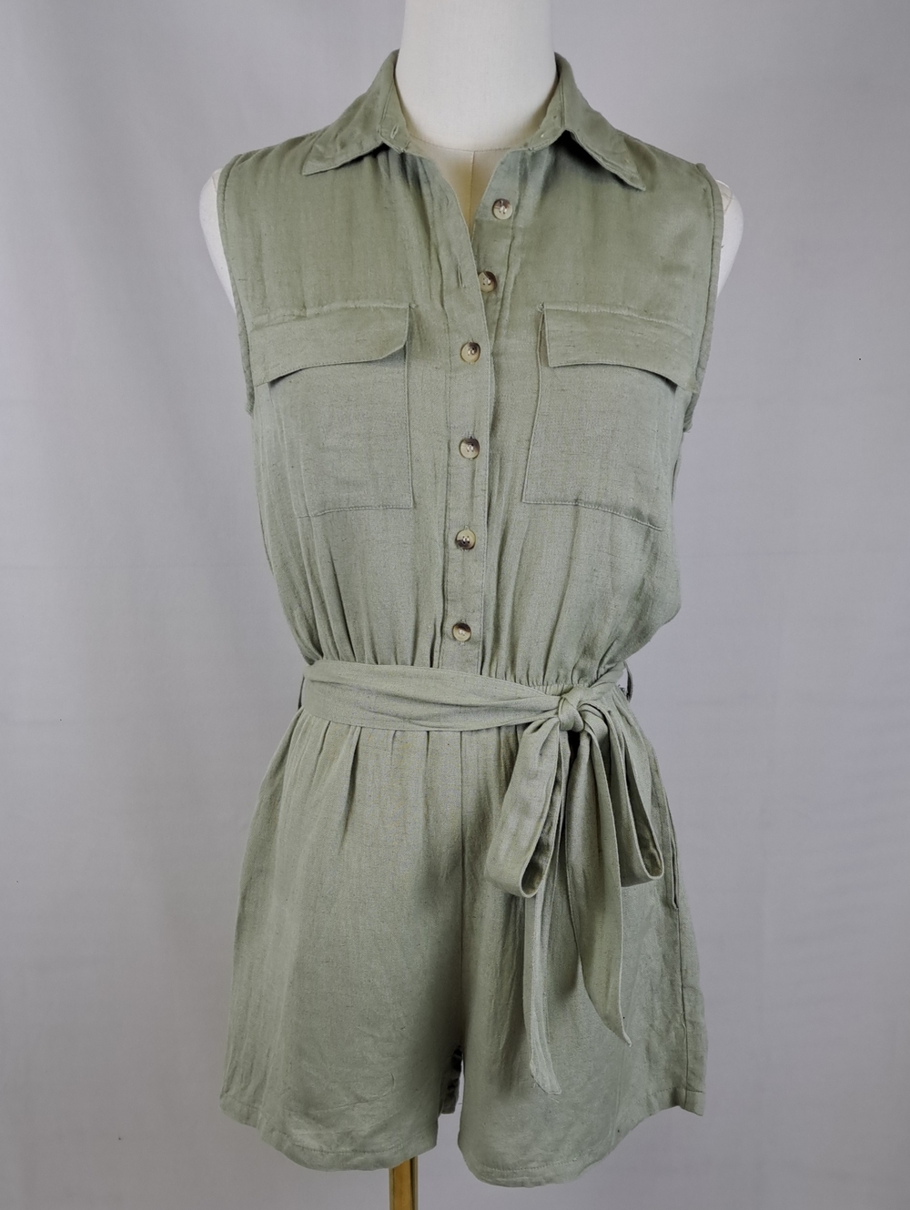 Sim & Sam Linen Blend Button Front Safari Utility Romper Sage Green NWT Belted S